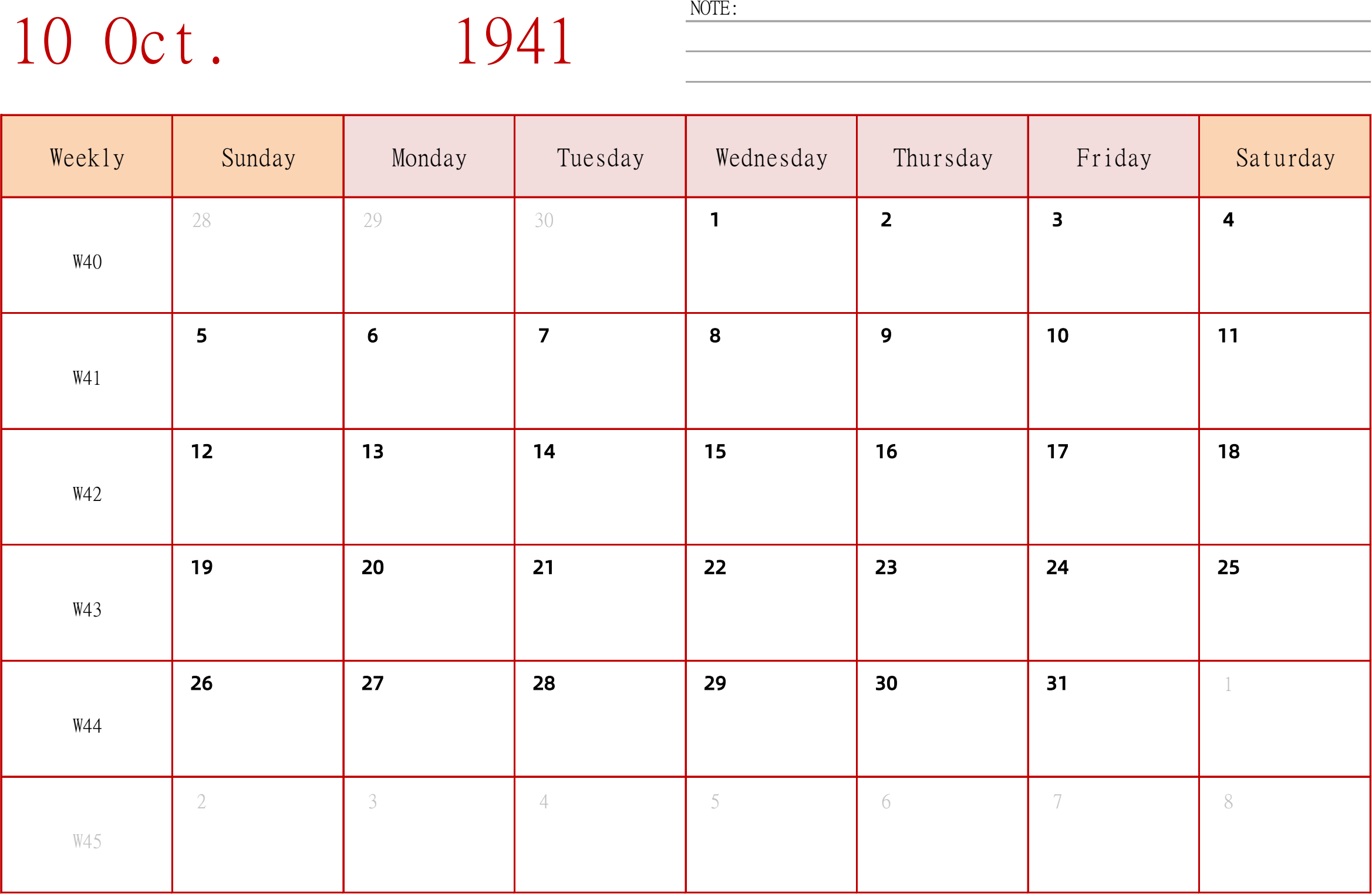 日历表1941年日历 英文版 横向排版 周日开始 带周数